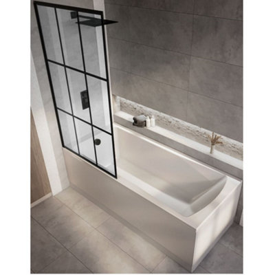 Homestylestore White 1800 X 800mm Bathroom Single Ended Square Shower Bath With Black Grid ScreenSide And End Panels from B&Q