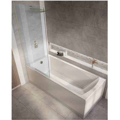 Homestylestore White 1800 X 800mm Bathroom Single Ended Square Shower Bath With Brushed Gold ScreenSide And End Panels from B&Q