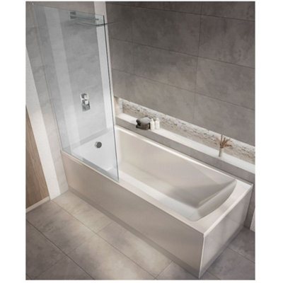 Homestylestore White 1600 X 700mm Bathroom Single Ended Square Shower Bath With Chrome Screen And Side Panel from B&Q