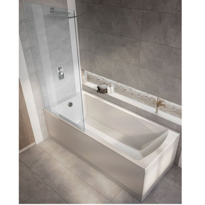Homestylestore White 1600 X 700mm Bathroom Single Ended Square Shower Bath With Chrome ScreenSide And End Panels from B&Q