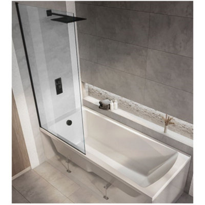 Homestylestore White 1600 X 700mm Bathroom Single Ended Square Shower Bath With Black Screen from B&Q