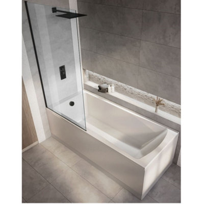Homestylestore White 1600 X 700mm Bathroom Single Ended Square Shower Bath With Black ScreenSide And End Panels from B&Q