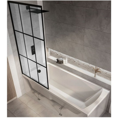 Homestylestore White 1600 X 700mm Bathroom Single Ended Square Shower Bath With Black Grid Pattern Screen from B&Q