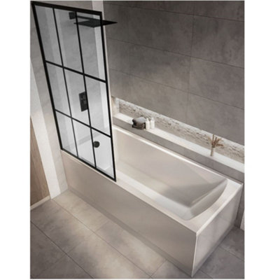 Homestylestore White 1600 X 700mm Bathroom Single Ended Square Shower Bath With Black Grid Screen And Side Panel from B&Q