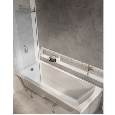 Homestylestore White 1600 X 700mm Bathroom Single Ended Square Shower Bath With Brushed Gold Screen from B&Q