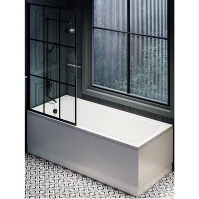 Homestylestore White 1700 X 700mm Bathroom Single Ended Shower Bath With Black Grid ScreenSide And End Panels from B&Q