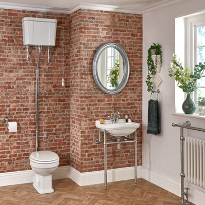 B&Q -  White Ceramic Toilet Pan Wc With High Level Cistern And 1 Tap Hole Bathroom Basin Sink With Washstand