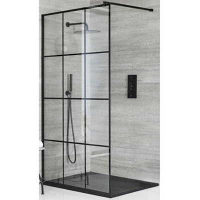 Homestylestore Black Grid Walk In Wet Room Shower Enclosure With Graphite Slate Effect Tray 1200 X 900mm from B&Q