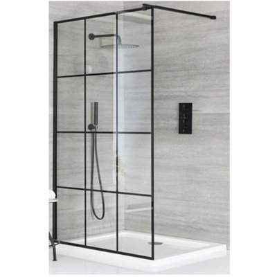 Homestylestore Walk In Wet Room Shower Enclosure With Black Grid Pattern ScreenSupport Arm And White Tray 900 X 900mm from B&Q