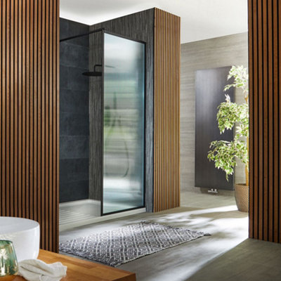 Homestylestore Black Walk In Fluted Glass Framed Shower Enclosure Drying Tray 1400 X 900mm from B&Q