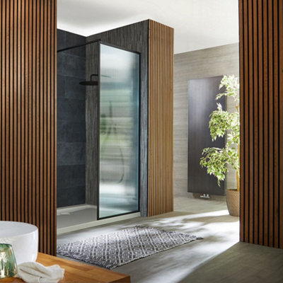 Homestylestore Black Walk In Fluted Glass Framed Shower Enclosure White Tray 1500 X 700mm from B&Q