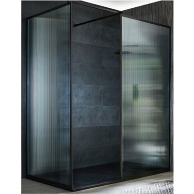 Homestylestore Black Corner Walk In Fluted Glass Framed Shower Enclosure Graphite Slate Tray 1400 X 800mm from B&Q