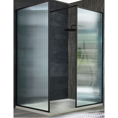 Homestylestore Black Corner Walk In Fluted Glass Framed Shower Enclosure Drying Tray 1600 X 800mm from B&Q