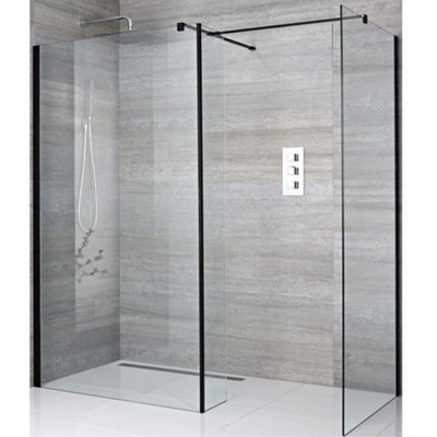 Homestylestore Black Corner Walk In Wet Room Shower Enclosure With 1000mm & 760mm Screens With 250mm Tile Insert Corner Drain from B&Q