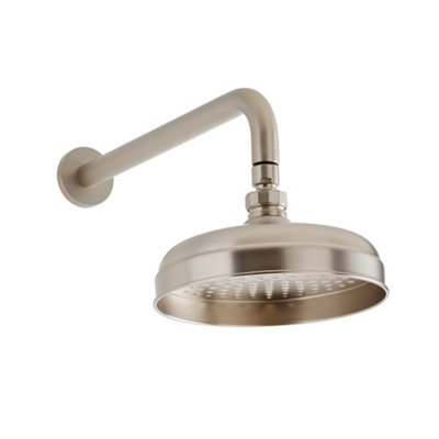 Homestylestore 205mm Brushed Nickel Round Fixed Rainfall Shower Head With Wall Mounted Arm from B&Q