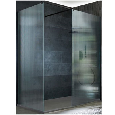 Homestylestore Black Corner Walk In Fluted Glass Shower Enclosure Grey Slate Tray 1400 X 900mm from B&Q