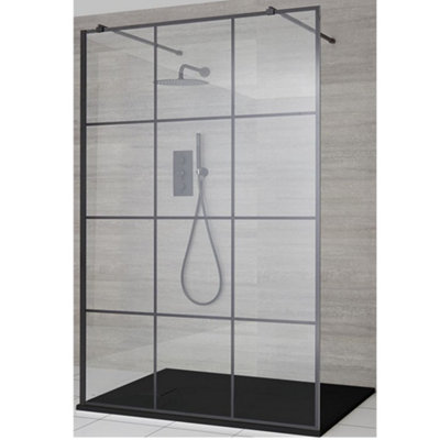B&Q -  Black Grid Floating Glass Walk In Wet Room Shower Enclosure With Graphite Slate Effect Tray 900 X 900mm
