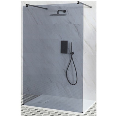 Homestylestore Black Smoked Glass Floating Walk In Frameless Shower Enclosure With White Slate Effect Tray 1400 X 900mm from B&Q