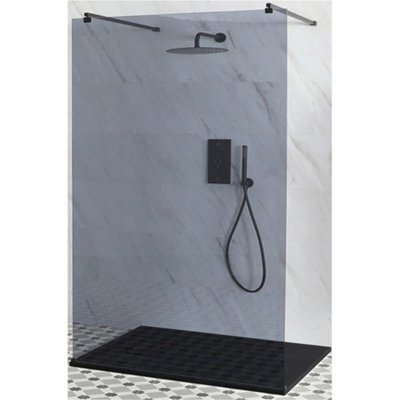 Homestylestore Black Smoked Glass Floating Walk In Frameless Shower Enclosure With Graphite Slate Effect Tray 1400 X 800mm from B&Q