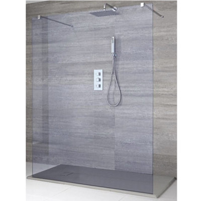 Homestylestore Chrome Smoked Glass Floating Walk In Frameless Shower Enclosure With Light Grey Slate Effect Tray 1400 X 800mm from B&Q