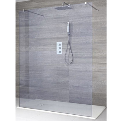 Homestylestore Chrome Smoked Glass Floating Walk In Frameless Shower Enclosure With White Slate Effect Tray 1400 X 900mm from B&Q