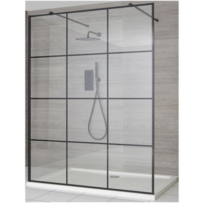 Homestylestore Black Grid Floating Glass Walk In Wet Room Shower Enclosure With White Tray 1400 X 760mm from B&Q