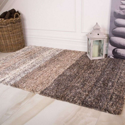 Loomed Super Soft Natural Beige Brown Mottled Striped Shaggy Area Rug 60X110Cm from B&Q