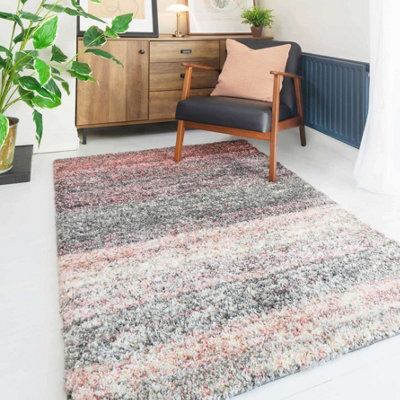 Loomed Super Soft Blush Pink Grey Mottled Striped Shaggy Area Rug 160X230Cm from B&Q