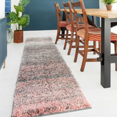 Loomed Super Soft Blush Pink Grey Mottled Striped Shaggy Runner Rug 60X240Cm from B&Q