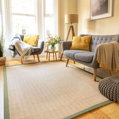Loomed Natural Jute Green Cotton Border Area Rug 80X150Cm from B&Q