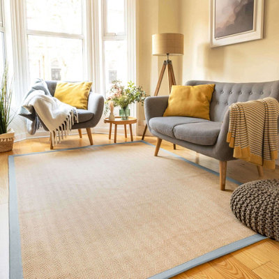 Loomed Natural Jute Blue Grey Cotton Border Area Rug 80X150Cm from B&Q