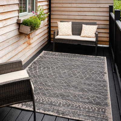 Loomed Neutral Charcoal Grey Striped Woven Flatweave Easy Clean Durable Soft Indoor Outdoor Area Rug 120X170Cm