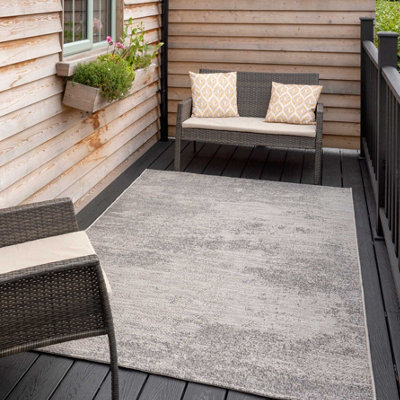 Loomed Grey Abstract Woven Textured Flatweave Easy Clean Distressed Indoor Outdoor Area Rug 120X170Cm