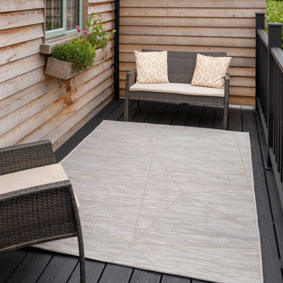 Loomed Beige Geometric Textured Woven Flatweave Easy Clean Indoor Outdoor Area Rug 120X170Cm