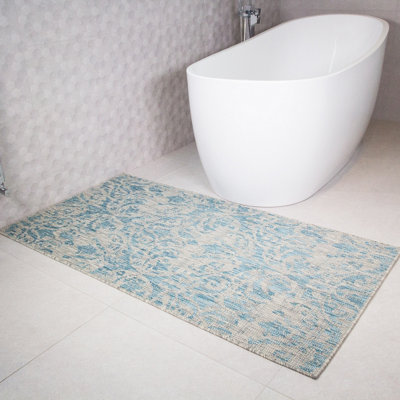 Loomed Aqua Blue Vintage Floral Flatweave Indoor Outdoor Rug 80X150Cm