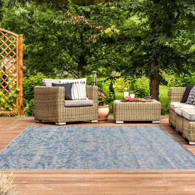 Loomed Aqua Blue Vintage Floral Flatweave Indoor Outdoor Rug 120X170Cm