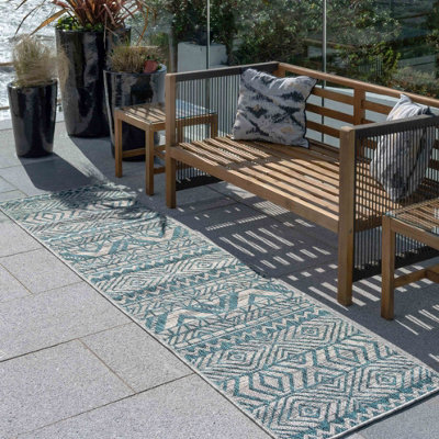 Loomed Blue Aztec Tribal Flatweave Indoor Outdoor Runner Rug 60X240Cm from B&Q