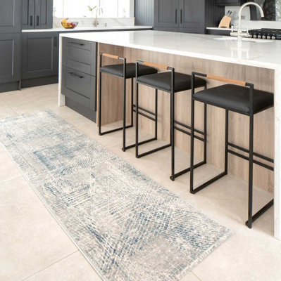 Loomed Silver Blue Distressed Abstract Geometric Runner Rug 70X240Cm from B&Q