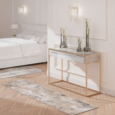 Loomed Neutral Beige Distressed Abstract Metallic Geometric Living Runner Rug 70X240Cm from B&Q