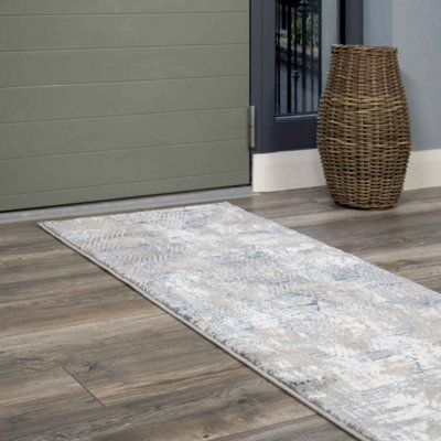 Loomed Blue Grey Distressed Abstract Metallic Geometric Living Runner Rug 70X240Cm from B&Q