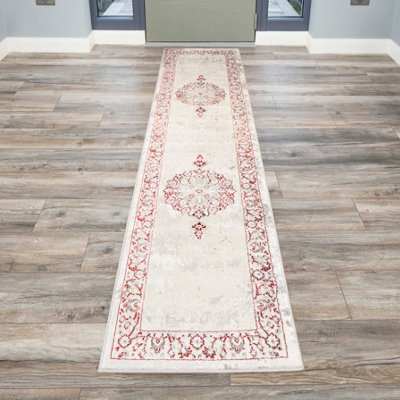 Loomed Red Silver Grey Traditional Medallion Bordered Living Runner Rug 70X240Cm from B&Q