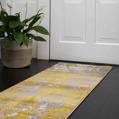 Loomed Ochre Grey Super Soft Distressed Abstract Runner Rug 60X240Cm from B&Q
