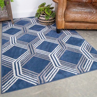 Loomed Navy Blue Modern Geometric Area Rug 80X150Cm from B&Q