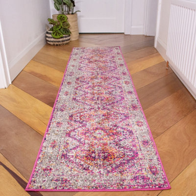 Loomed Pink Grey Bordered Geometric Distressed Runner Rug 60X240Cm from B&Q