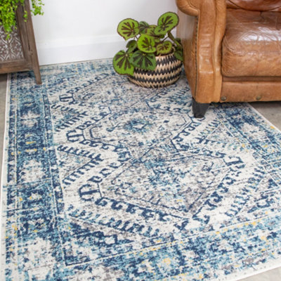 Loomed Navy Blue Grey Bordered Geometric Distressed Area Rug 80X150Cm from B&Q