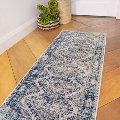 Loomed Navy Blue Grey Bordered Geometric Distressed Runner Rug 60X240Cm from B&Q