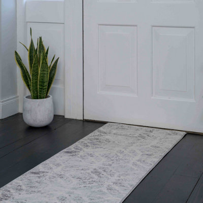 Loomed Silver Grey Distressed Abstract Geometric Runner Rug 60X240Cm from B&Q