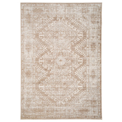 Loomed Neutral Beige Bordered Geometric Distressed Area Rug 120X170Cm from B&Q