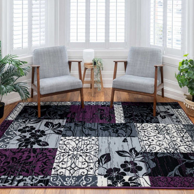 Loomed Purple Black Grey Floral Patchwork Living Room Rug 240X330Cm