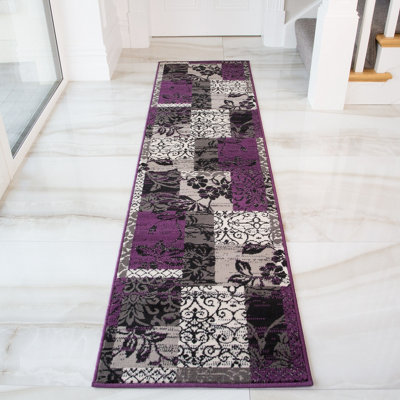 Loomed Purple Black Grey Floral Patchwork Living Room Runner Rug 60X240Cm